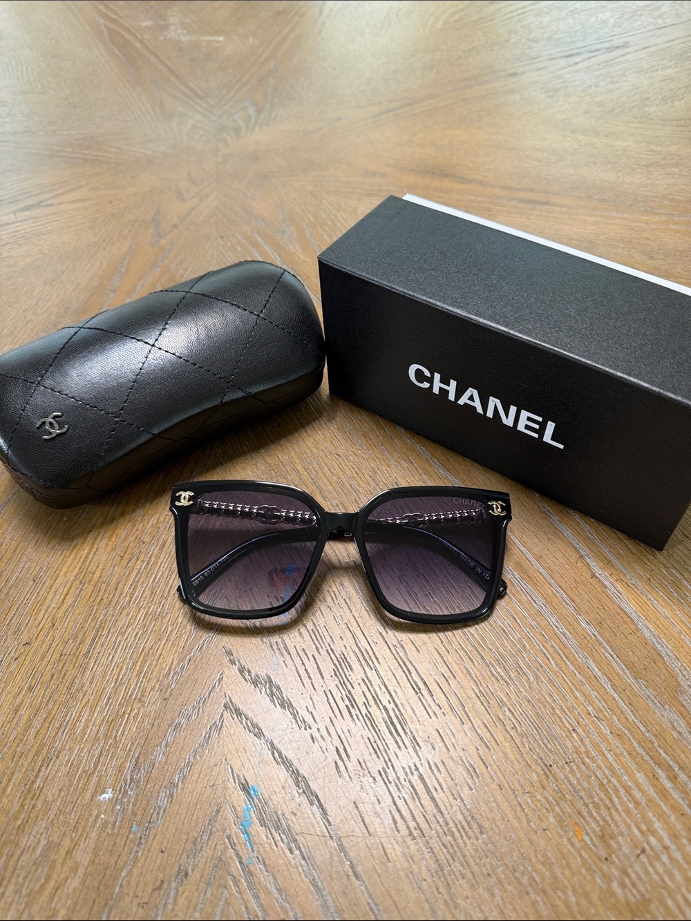 CHANEL Black & Gold Leather Square Gradient Sunglasses with Gold Logos